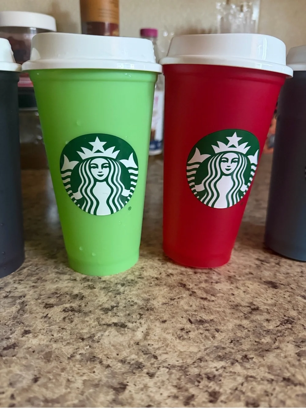 Starbucks Red and Gray Reusable Cups with White Lids